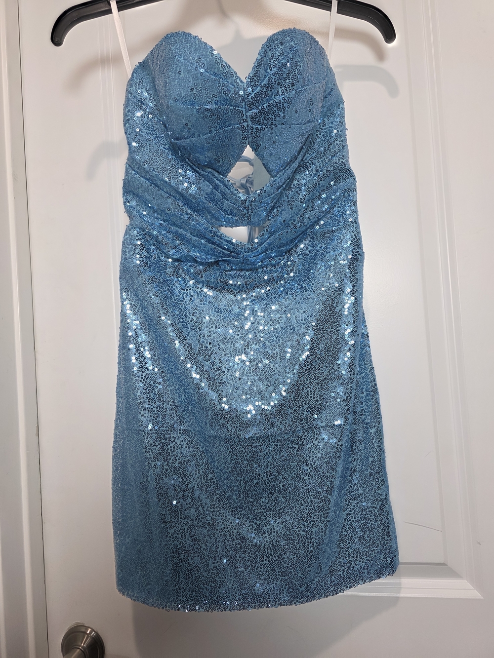 Strapless Blue Sequin Sweetheart Mini Dress - Picture 1 of 6